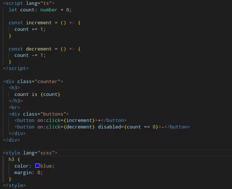 Screenshot of code showing example svelte component